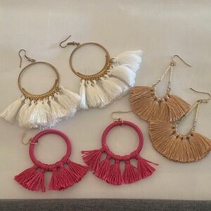 3 for $12 Elegant Tassel Hoop Earrings Set - White, Tan, Pink